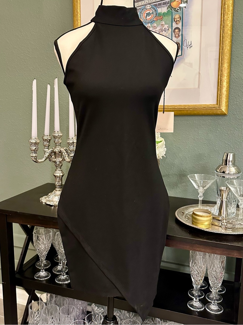 superdown Black Halter Mini Dress with Asymmetric Hem